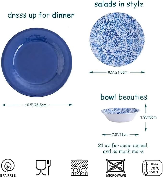 Melamine Dinnerware Set, 12 Piece Service for 4, Blue and White Porcelain Tableware Dishes for Indoor and Outdoor Use, Unbreakable Plates and Bowls Sets, Dishwasher Safe BPA Free