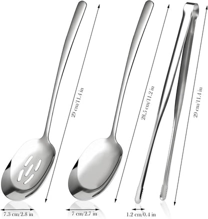 3 PCS Long Handle Stainless Steel Serving Utensils,18/8 Large Serving Spoons Set, Include Serving Spoon,Slotted Spoon,Serving Tong, Kitchen Utensil, for Buffet Catering Banquet, Dishwasher Safe