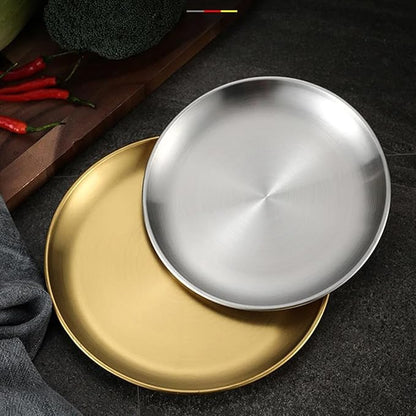 Stainless Steel Food Trays, Round Flat Dish Bread Pastry Baking Pan, Tea and Bar Serving Tray Party Cake Dessert Plate, Silver,XL(30x25x2cm)