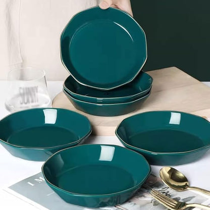 SONGCHAO Party Supplies Nordic Light Luxury Ceramic Plate Dish Plate Home Tableware Set Dark Green Gold Edge Plate Creative Dessert Plate Party Plates (Color : 8inch, Size : 4pcs)