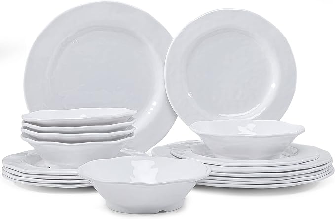 LEHAHA Basic White Melamine Dinnerware Sets, 18 Piece melamine dishes set, Service for 6, Plates and Bowls Sets Great for Indoor and Outdoor Use, Dishwasher safe…