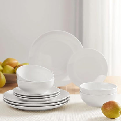 12 Piece Dinnerware Set - Glazed White Stoneware Plates, Bowls, Durable Ceramic Dish Set for Everyday Use, Dishwasher & Microwave Safe