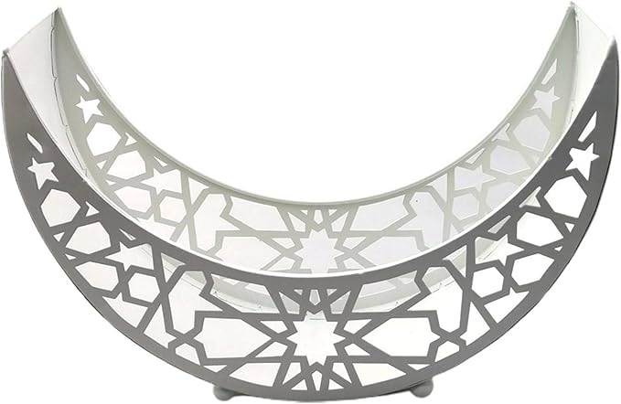 Eid Mubarak Moon Star Tray, Ramadan Decoration Ramadan Trays, Muslim Wooden Plate Tray Moon Star Shaped Food Fruit Serving Tray, Eid Mubarak Dessert Tray for Ramadan Festival Party(Silver A3)