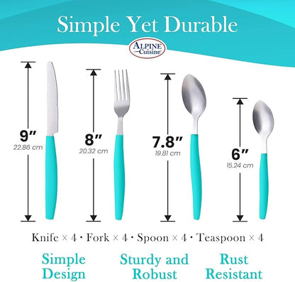 ALPINE CUISINE Flatware Set 16 Piece Service for 4, Stainless Steel Flatware Cutlery Set Includes Dinner Knives/Forks/Spoons - Great for Camping or College Dorms - Dishwasher Safe - Aqua