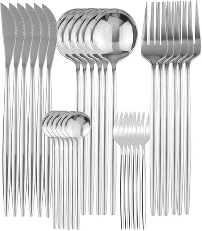 Gugrida 30-Piece Silver Silverware Flatware Set 304 Stainless Steel Travel Eating Utensil for Picnic Camping Family, Service for 6, Dishwasher Safe