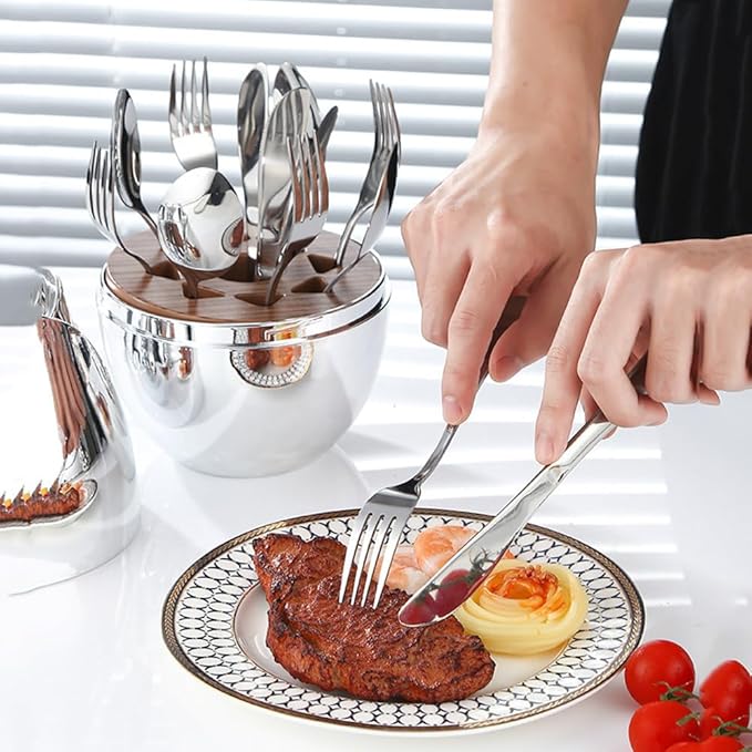 24pcs Stainless Steel Flatware Set, Rose Shape Cutlery Set, Mirror Polished Tableware Eating Utensils Set For 6, Tableware Cutlery Knife Fork Spoon Set, For Home Restaurant,Color-D