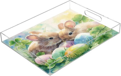 Serving Tray with Handles Clear Acrylic Tray 12x16 Inch Decorative Rectangular Tray Organizer for Ottoman Coffee Table Bathroom Watercolor Easter Bunny Clover