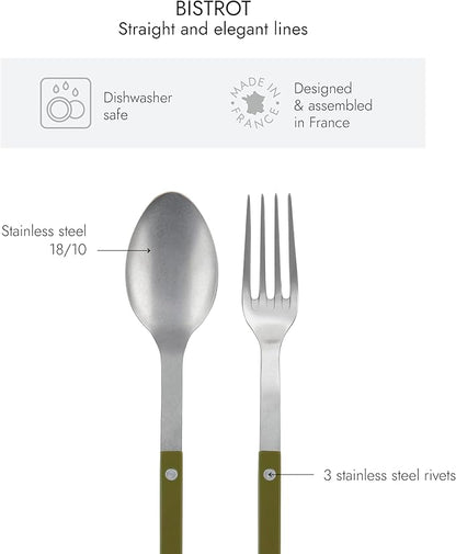 SABRE PARIS - 2-Piece Serving Set - Bistrot Vintage Collection - Large Fork & Large Spoon - Stainless Steel & Nylon - Dishwasher Safe - Fern Green - Mat Finish