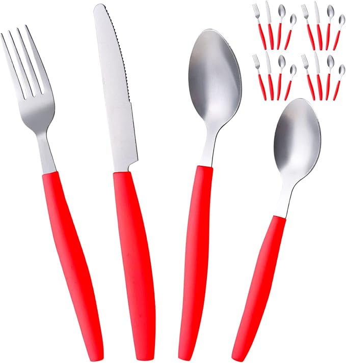 ALPINE CUISINE Flatware Set 16 Piece Service for 4, Stainless Steel Flatware Cutlery Set Includes Dinner Knives/Forks/Spoons - Great for Camping or College Dorms - Dishwasher Safe - Red