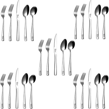 25-Piece Flatware Set - Personalized Custom Tableware - 5 Knives/5 Forks/5 Spoons - Mirror Polished - Rust Resistant - Stainless Steel - Dishwasher Safe