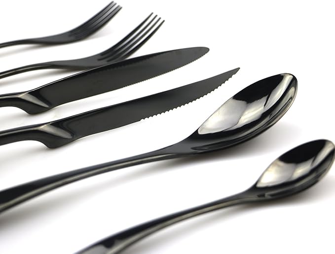 JASHII 18/10 Stainless Steel 24 Piece Mirror Polished Black Flatware Set,Dinner Knife Steak Knife Salad Fork Dessert Coffee Spoon，Service for 4 ，Black Utensil Sets