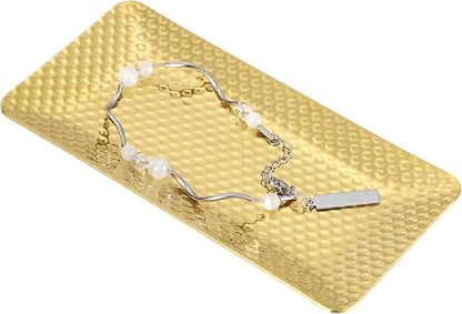 uxcell Decorative Tray, 5.9x3 Stainless Steel Rectangular Glossy Serving Tray with Hammer Pattern for Dessert Napkin Towel Candle Jewelry Bathroom Platter, Stackable, Gold