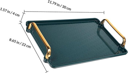 Healifty Rectangular Household Tea Tray with Handles Small Textured Dark Green Plastic Decorative Serving Tray for Coffee Table and Desktop Storage