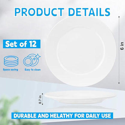 12 Pcs Porcelain Dessert Plates, 6 Inch White Appetizer Plates, Ceramic Salad Plate Set, Small White Plate for Appetizers Snack Cake Bread, Microwave Oven and Dishwasher Safe