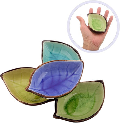 4pcs Leaf-shaped Ceramic Sauce Dishes Multi-use Porcelain Appetizer Plates for Jam Ketchup and Dessert Elegant Crackle Glaze Design for Parties and Home Dining