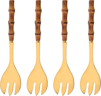 Serving Fork Set of 4 - Gold Stainless Steel Platters Forks - 10.0 inch Large Salad Forks with Natural Bamboo Handle - Use for Buffet/Banquet/Home/Kitchen/Party