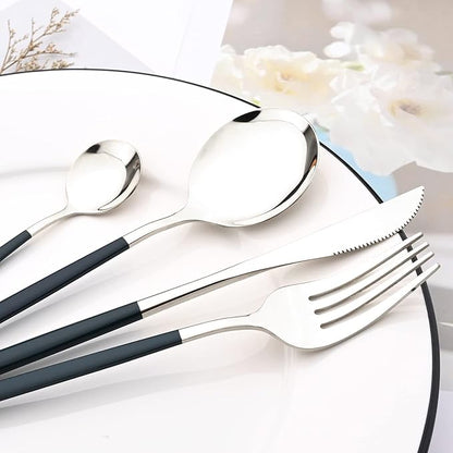 Mirror Cutlery Serving Set, 24-piece 18/0 Stainless Steel Silverware With Green Handle Simple & Modern Tableware For Home Party Restaurant Christmas Dinner, Service For 6 (Green Silver)