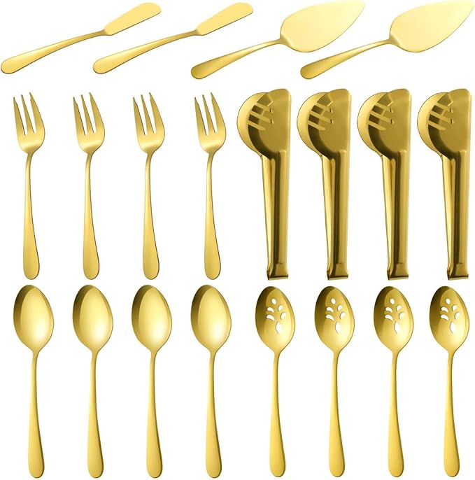 BEWOS Gold Serving Utensils, 20-Piece Serving Utensils set, Gold Serving Spoons, Slotted Spoons, Tongs, Forks, Cake Server, Butter Knife, Stainless Steel Serving Utensils for Parties, Dishwasher Safe