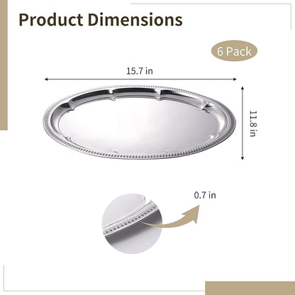 6 Pcs Large Silver Serving Trays, Stainless Steel Floral Engraved Trays for Parties, 15.7X11.8 in, Mirror-Polished, Food-Safe