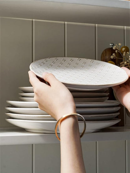 LE TAUCI Ceramic Salad Plates Set of 4, 8 Inch Embossed Dessert Plates for Appetizer and Small Dinner, Modern White Ceramic Plates for Kitchen, Microwave and Dishwasher Safe - Arctic White