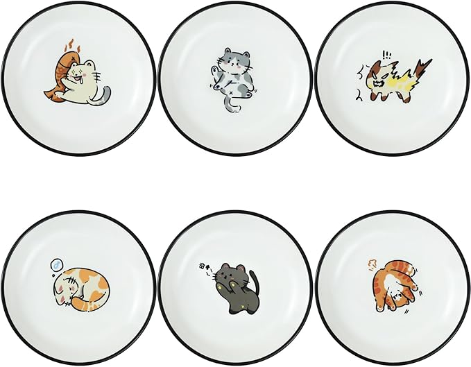 SOCOSY Super Cute Cartoon Animal Ceramic Sauce Dishes, Seasoning Dishes, Little Cat Dog Bird Feeding Bowls, Sushi Soy Dipping Bowls, Appetizer Plates, Dessert Plates, Set of 6-Cats-5 Inch