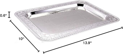 (Pack of 3) 15.7 inch x 11 inch Oblong Chrome Plated Serving Tray in Different Pattern Stylish Design Floral Engraved Iron Gold Edge Decor Wedding Dessert Buffet Platter Plate NC-017
