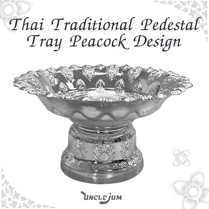 Decorative Pedestal Tray 5 Inch – Traditional Thai Offering Tray with Flora Design for Home, Temple, or Spa Display (Silver,13cm)