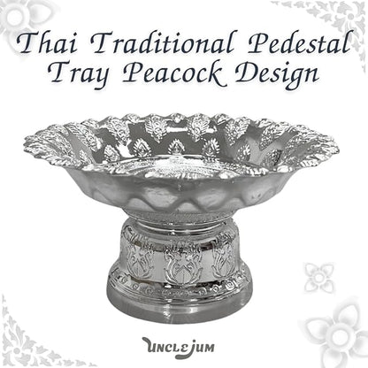 Decorative Pedestal Tray 5 Inch – Traditional Thai Offering Tray with Flora Design for Home, Temple, or Spa Display (Silver,13cm)