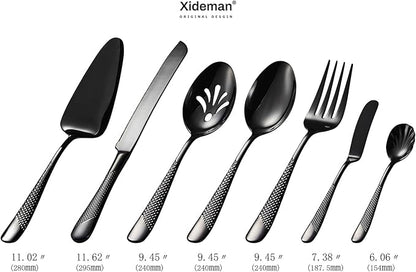 Xideman® 7-Piece Hammered 18/10 Stainless Steel Silverware Serving Utensil Set - Hostess Flatware with Cake Knife & Cake Server (Black)