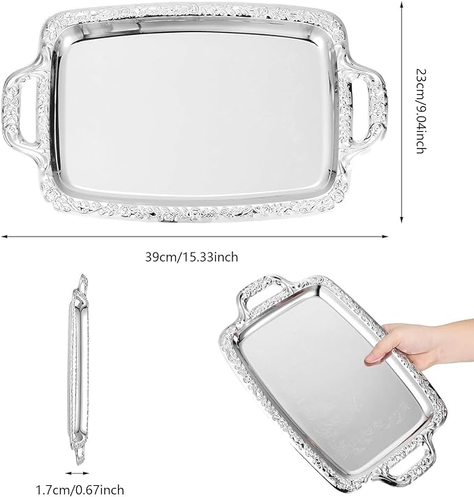 Silver Serving Tray with Handles, Sturdy Design, 39x23x1.7cm, Vintage Floral Metal Silver Platter, Metal Food Tray, Easy to Clean, for Candy Bread Cake Charcuterie Home Kitchen