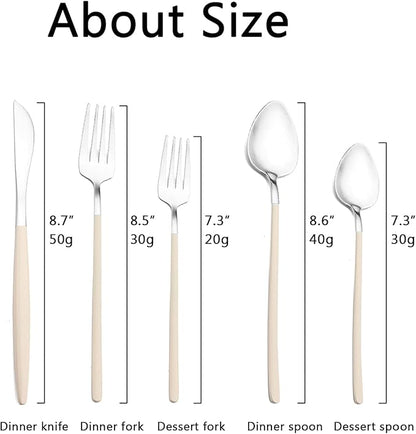 JASHII Slim Handle Silverware Set 20 Pieces, 304 Stainless Steel Colorful Flatware Set, Titanium Plating Cutlery Set, Utensil Sets for Home Dinner Service for 4, Dishwasher Safe - Beige&Silver