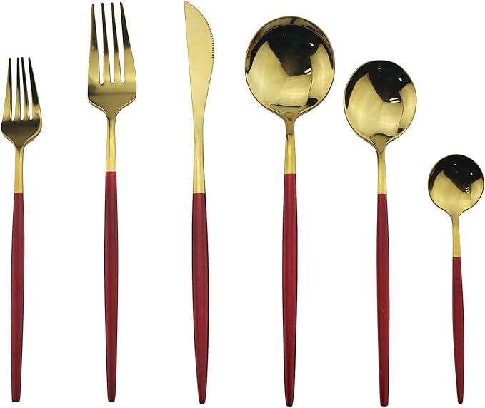 Gugrida Silverware Set, Elegant Life 4-Piece Stainless Steel Flatware Set Service for 1, Include Fork Spoon Knife, Tableware Cutlery Set for Home and Restaurant, Safe in Dishwasher（Red/Gold）