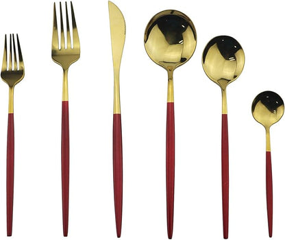 Gugrida Silverware Set, Elegant Life 4-Piece Stainless Steel Flatware Set Service for 1, Include Fork Spoon Knife, Tableware Cutlery Set for Home and Restaurant, Safe in Dishwasher（Red/Gold）