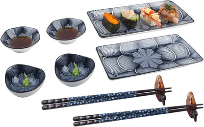 Artcome 10 Pcs Japanese Style Ceramic Sushi Plate Dinnerware Set for Wedding Housewarming - 2 Sushi Plates, 2 Sauce Dishes, 2 Snack Bowl, 2 Pairs of Chopsticks, 2 Chopsticks Holders, Dark Blue