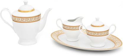 Vintage Dinnerware Set for 8-57 Piece Porcelain Dining Set - Gorgeous White and Gold Greek Key Design - Plates, Bowls, Cups and Saucers - For Everyday Use and Special Events (Meander Gold 2057)