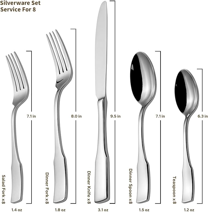 Alata Kate 45-Piece Silverware With Utensil-Serving Set, Service for 8, Stainless Steel Flatware, Mirror Polished Cutlery, Dishwasher Safe