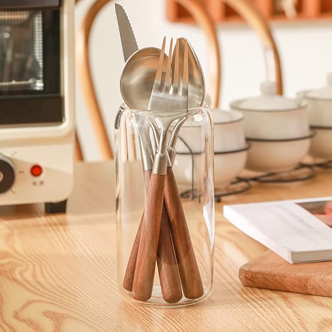 Wood Silverware Set for 14 - Wooden Flatware Cutlery Utensils 18/10 Stainless Steel Walnut Handle 56 Piece Include Knives Forks and Spoons Tableware for Home Kitchen Wedding Restaurant