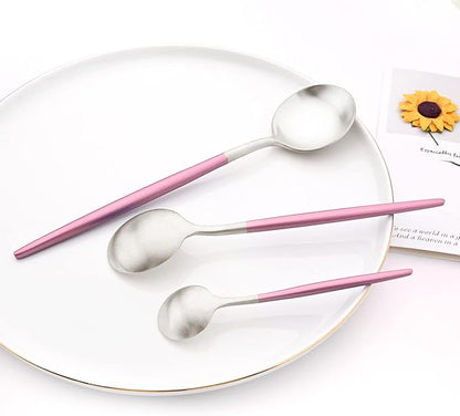 24-piece Snplowum Silver Satin Finished Serving Set, 18/10 Stainless Steel Flatware With Pink Round Hanle For Daily Use Salad Coffee Include Knife/Fork/Spoon, Service For 4 (Pink Silver)