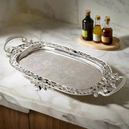 Silver 20" Victorian Vantiy Tray, Serving Platter. Floral Vanity Tray with Handles.