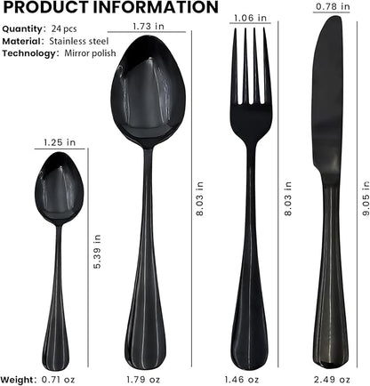Black Silverware Set, Stainless Steel Flatware Set Service for 6, Kitchen Cutlery Gift Set Utensils Knife Fork Spoon Dinnerware Tableware Kit for for Home, Wedding, Restaurant (Black)