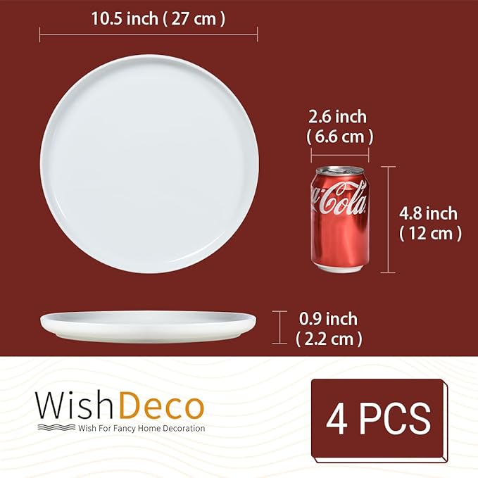 White Dinner Plates Set of 4, Ceramic Dining Plates 10.5 inch, Large Salad Plate, Porcelain Kitchen Plate for Pizza, Steak, Microwave and Dishwasher Safe