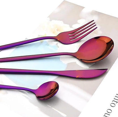 24-Piece Mirror Purple Polished Flatware, 18/0 Stainless Steel Dinnerware Set Include Knife Fork Spoon Teaspoon Cutlery Set For Home Restaurant and Party Service For 6, Dishwasher Safe