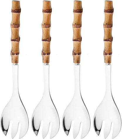 4 Piece Bamboo Handle Serving Set Utensils, 304 Stainless Steel Long Hanlde Serving Fork Spoon For Kitchen Buffet Banquet Wedding Party Cooking (4 Forks, Silver)