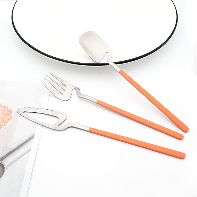 24pcs Household Cutlery Set, Matte Metal 18/10 Stainless Steel kitchen Utensils With Nice Coloured Handles For 6 People, Gift Box Packaged (Orange Silver)