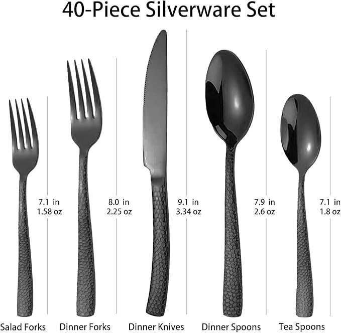 Hammered Black Silverware Set With Gift Box For 8 Cutlery Set Utensils Stainless Steel Flatware 40 Pieces MIKIWAY Luxury Kitchen Tableware Set For Gifts Festive, Dishwasher Safe, Mirror Polishing