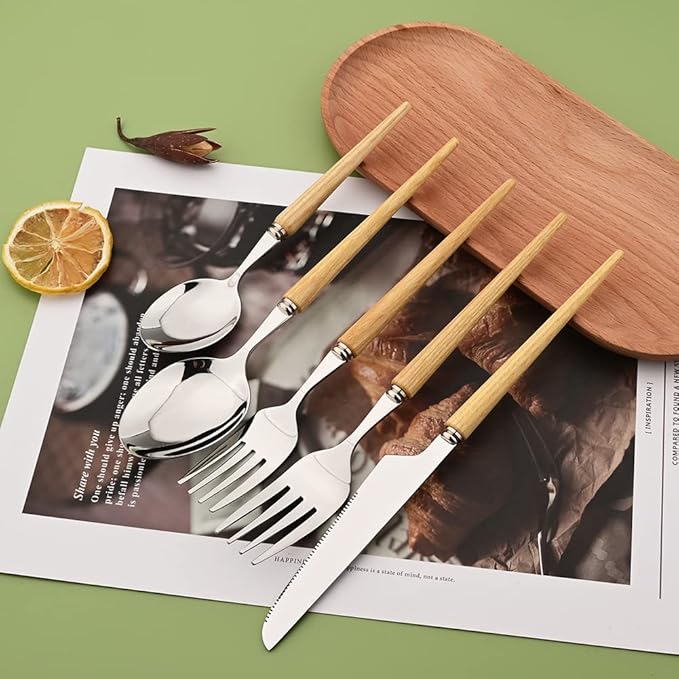 50-Piece Wood Handle Silverware Set 304 Stainless Steel Flatware Set Service For 10, Forks Spoons and Knives Set for Home, Restaurant, Wedding, Party (White Ash Wood)