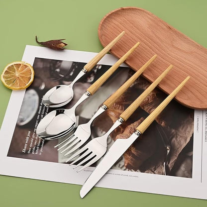 50-Piece Wood Handle Silverware Set 304 Stainless Steel Flatware Set Service For 10, Forks Spoons and Knives Set for Home, Restaurant, Wedding, Party (White Ash Wood)