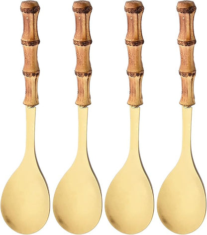 4 Piece Bamboo Handle Serving Set Utensils, 304 Stainless Steel Long Hanlde Serving Fork Spoon For Kitchen Buffet Banquet Wedding Party Cooking (4 Spoons, Gold)