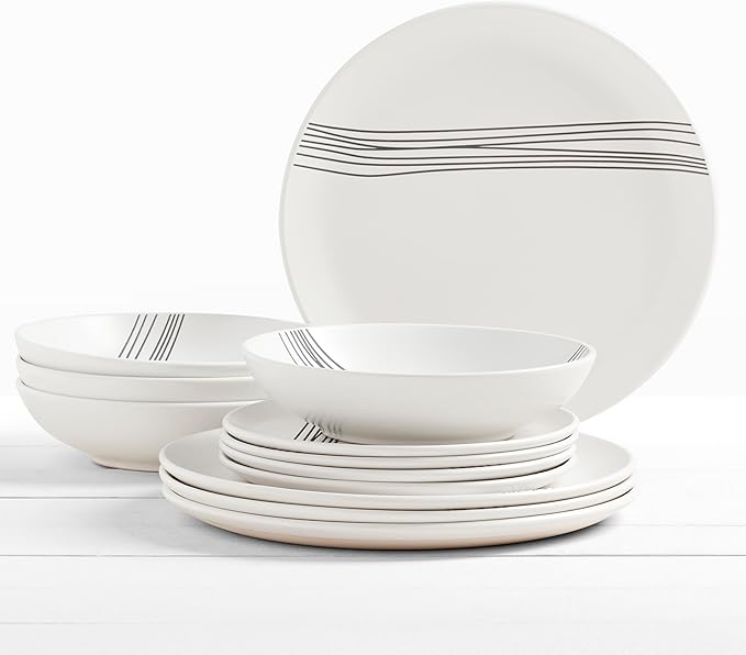 Tabletops Gallery 12-Piece Embossed White Black Striped Stoneware Dinnerware Set of Kitchen Dishes, Round Dinner Salad Plates Cereal Bowls, Service for 4, Skye