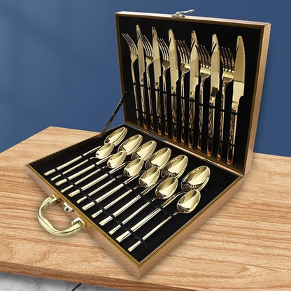 Stainless Steel Flatware serving set,Home Kitchen Eating Tableware Set,Dishwasher Safe,For Home Kitchen Restaurant Hote 24-piece Stainless Steel Cutlery Set Thickened Knife, Fork And Spoon(Gold)(Gold)